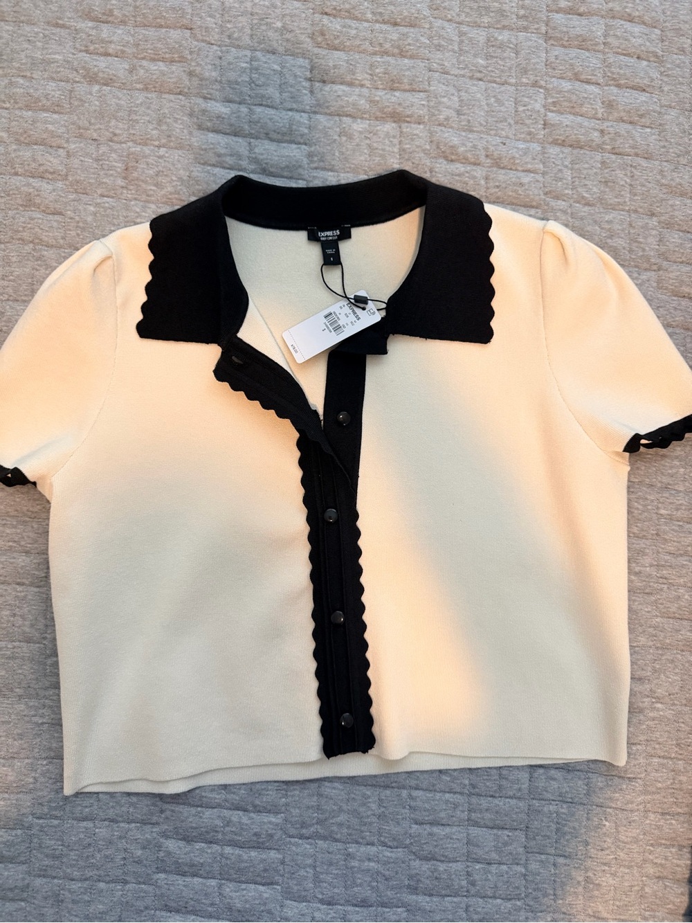 Express Cream Polo Sweater with Black Scalloped Trim - Picture 2 of 4